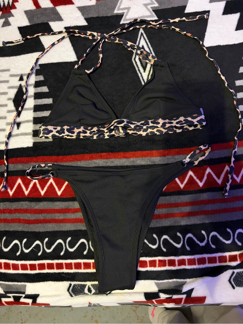 SHEIN Black Ribbed Bikini with Leopard Trim